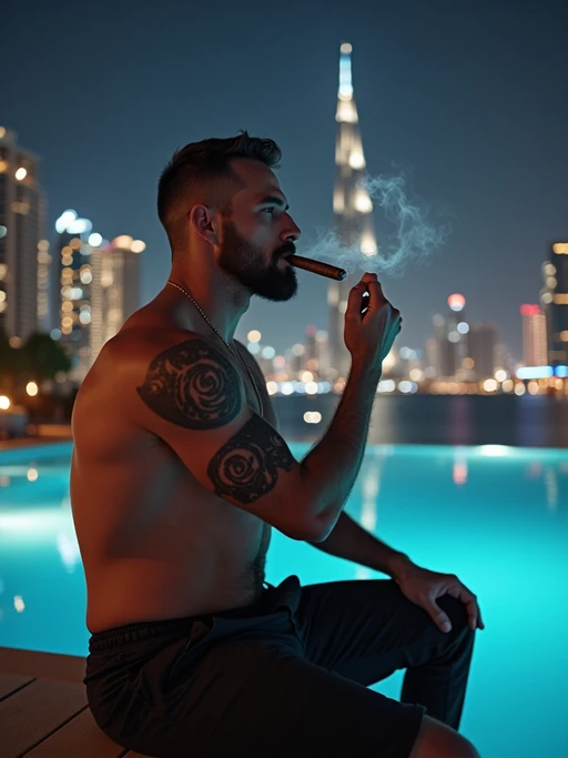 if(gender=f){beautiful woman model sitting by an infinity pool at night in Dubai, city lights in the background, looking powerful} if(gender=m){super muscular man sitting by an infinity pool at night in Dubai, smoking a cigar, city skyline behind him}