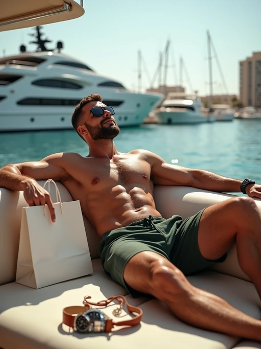 if(gender=f){beautiful woman model lounging on a yacht in Dubai Marina in a designer outfit with shopping bags around her} if(gender=m){super muscular man lounging on a yacht in Dubai Marina surrounded by shopping bags and luxury watches}