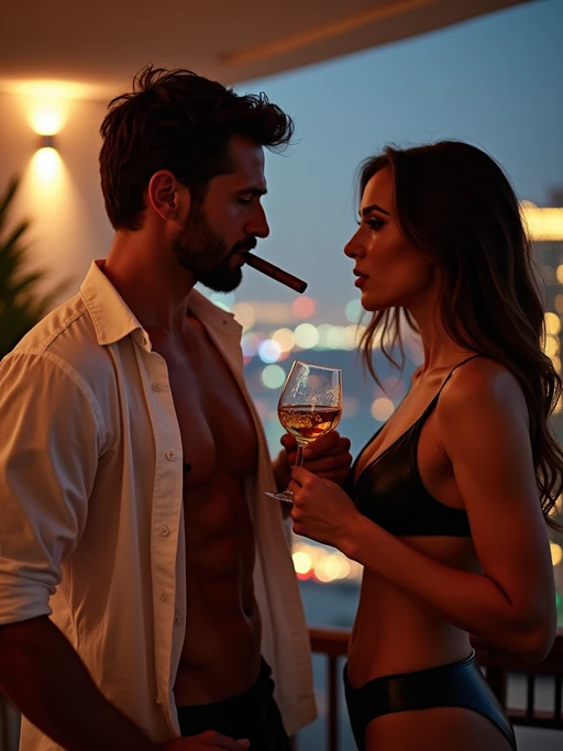 if(gender=f){beautiful woman model in black leather Bikini and heels in a luxury rooftop bar in Dubai at night drinking champagne with super muscular man smoking cigars} if(gender=m){super muscular man with a tight fitting white open shirt in a luxury rooftop bar in Dubai at night drinking whiskey and smoking cigars with beautiful women in black leather Bikini and heels}