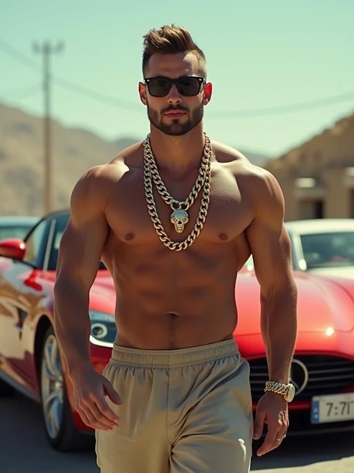 if(gender=f){beautiful woman model wearing gold jewelry and high heels walking past luxury cars in slow motion} if(gender=m){super muscular man wearing gold chains and sunglasses walking past luxury cars in slow motion}