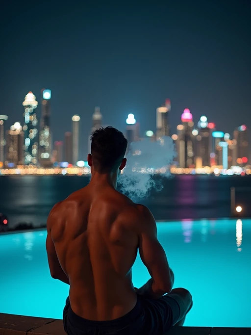 if(gender=f){beautiful woman model sitting by an infinity pool at night in Dubai, city lights in the background, looking powerful} if(gender=m){super muscular man sitting by an infinity pool at night in Dubai, smoking a cigar, city skyline behind him}