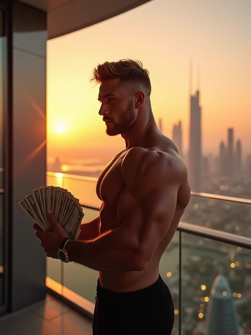if(gender=f){beautiful woman model counting stacks of cash on a penthouse balcony overlooking Dubai skyline at sunset} if(gender=m){super muscular man counting stacks of cash on a penthouse balcony overlooking Dubai skyline at sunset}