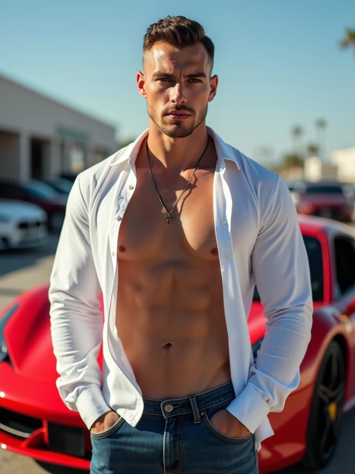 if(gender=f){beautiful woman model in black leather Bikini and heels posing in front of sports cars} if(gender=m){super muscular man with a tight fitting white open shirt posing in front of sports cars}