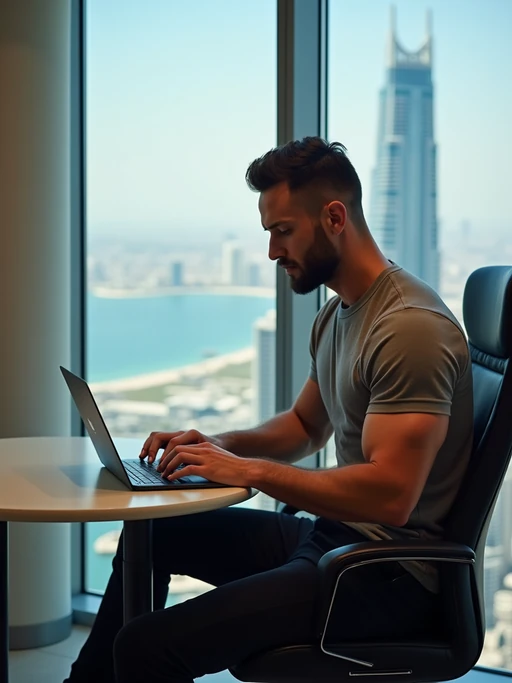 if(gender=f){beautiful woman model trading crypto on a laptop in a skyscraper office overlooking Dubai, wearing smart casual outfit} if(gender=m){super muscular man trading crypto on a laptop in a skyscraper office overlooking Dubai, wearing designer casual}