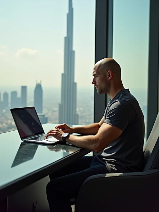 if(gender=f){beautiful woman model trading crypto on a laptop in a skyscraper office overlooking Dubai, wearing smart casual outfit} if(gender=m){super muscular man trading crypto on a laptop in a skyscraper office overlooking Dubai, wearing designer casual}