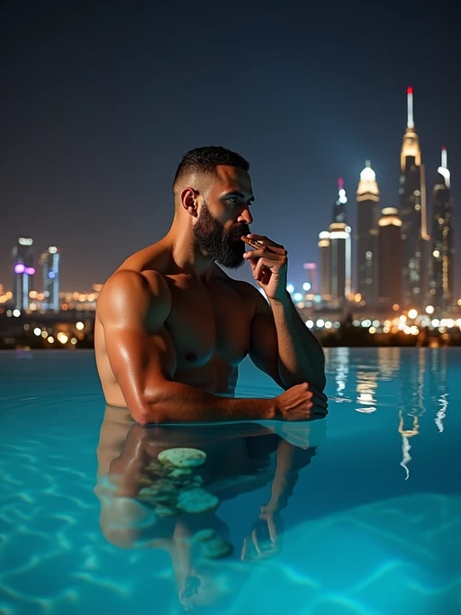 if(gender=f){beautiful woman model sitting by an infinity pool at night in Dubai, city lights in the background, looking powerful} if(gender=m){super muscular man sitting by an infinity pool at night in Dubai, smoking a cigar, city skyline behind him}