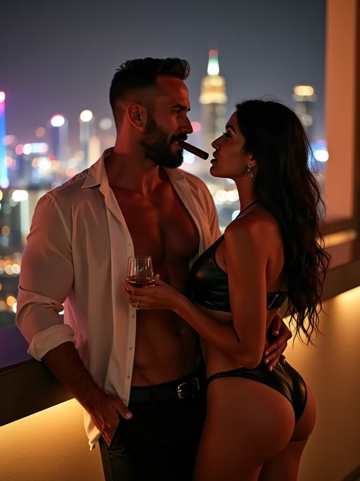 if(gender=f){beautiful woman model in black leather Bikini and heels in a luxury rooftop bar in Dubai at night drinking champagne with super muscular man smoking cigars} if(gender=m){super muscular man with a tight fitting white open shirt in a luxury rooftop bar in Dubai at night drinking whiskey and smoking cigars with beautiful women in black leather Bikini and heels}