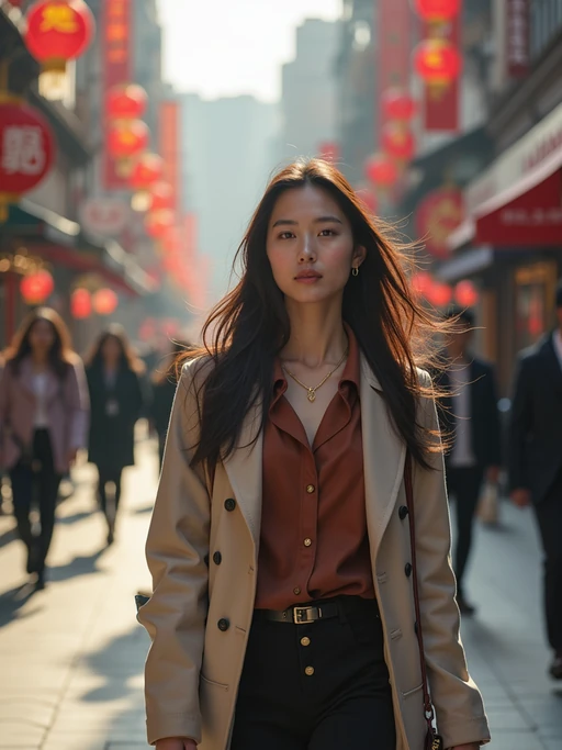 a confident if(gender=m){masculine} if(gender=f){feminine} model exploring a bustling city street