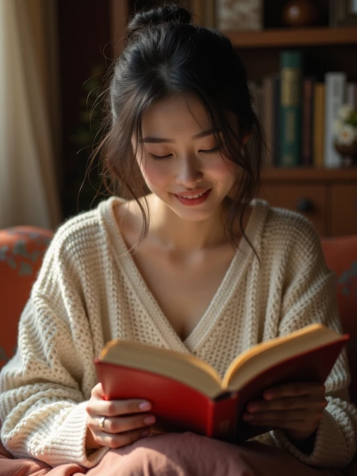 if(gender=m){masculine} if(gender=f){feminine} model reading a book in a cozy home environment