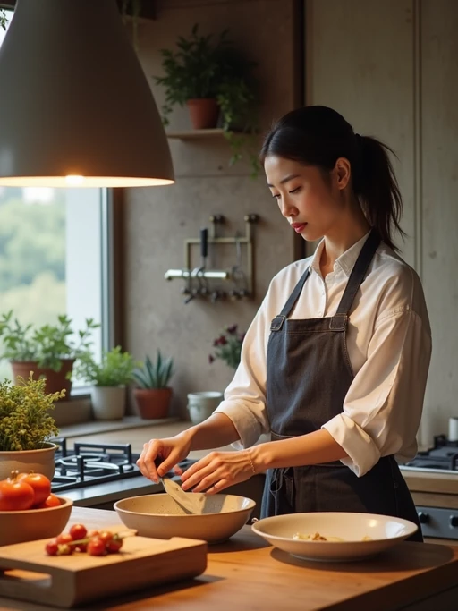 if(gender=m){masculine} if(gender=f){feminine} model cooking or baking in a modern kitchen