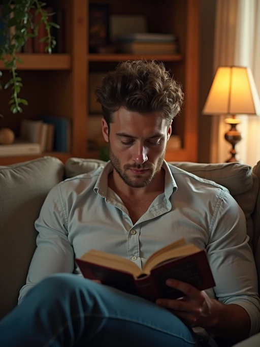 if(gender=m){masculine} if(gender=f){feminine} model reading a book in a cozy home environment