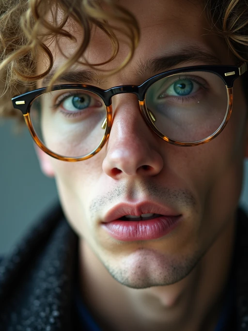 extreme close up portrait of model with gold rimmed glasses