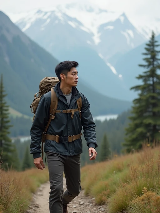 an adventurous if(gender=m){masculine} if(gender=f){feminine} model hiking in the mountains