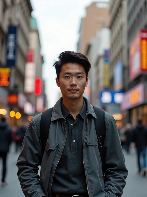 a confident if(gender=m){masculine} if(gender=f){feminine} model exploring a bustling city street