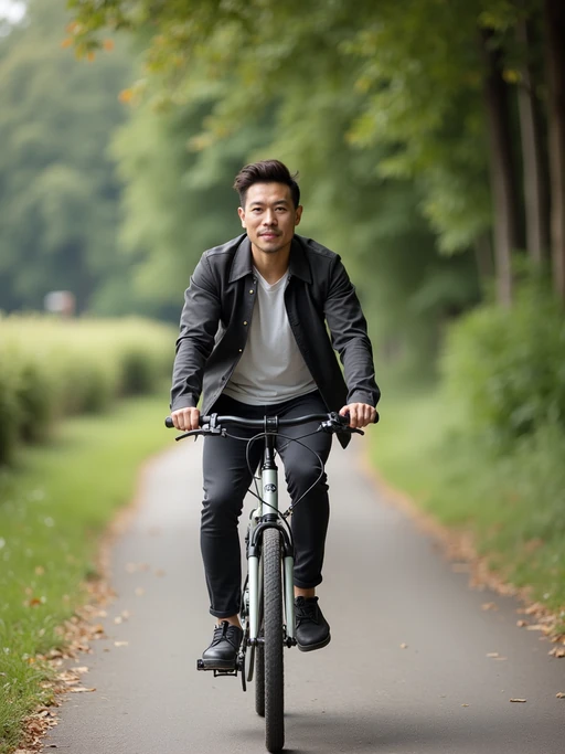 a stylish if(gender=m){masculine} if(gender=f){feminine} model enjoying a leisurely bike ride along a scenic path