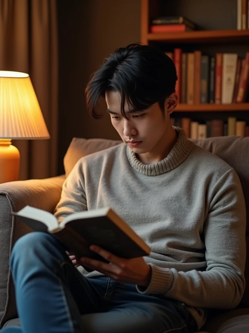 if(gender=m){masculine} if(gender=f){feminine} model reading a book in a cozy home environment
