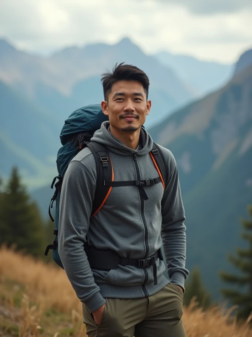 if(gender=m){masculine} if(gender=f){feminine} model in going hiking outdoors in mountains