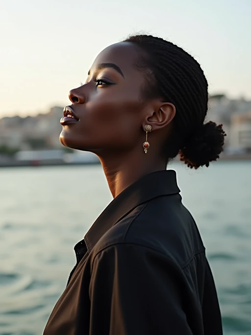 a captivating if(gender=m){masculine} if(gender=f){feminine} model enjoying a peaceful moment by the waterfront