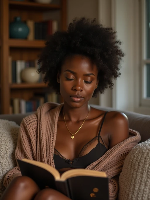 if(gender=m){masculine} if(gender=f){feminine} model reading a book in a cozy home environment