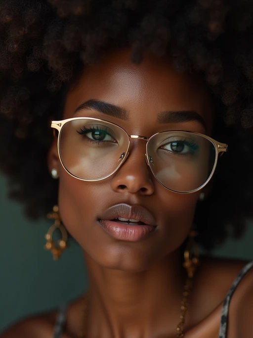 extreme close up portrait of model with gold rimmed glasses