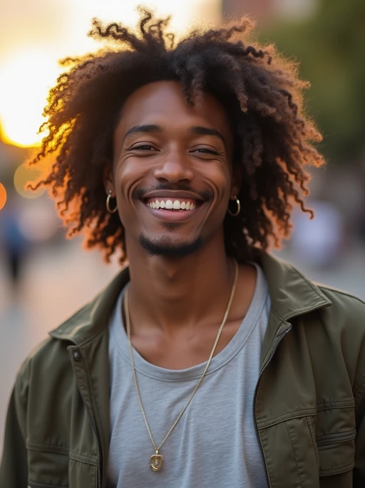 headshot of smiling model wearing casual clothes posing for dating app headshot. outdoor blurry background. the lighting is warm, possibly from a setting sun, creating a soft glow around him, enhancing the casual and relaxed vibe of the image. the setting seems to be outdoors, likely in an urban environment, with the blurred background hinting at a street or park-like area. this image likely portrays a youthful, active, and approachable individual, possibly in a lifestyle or fashion-related context.