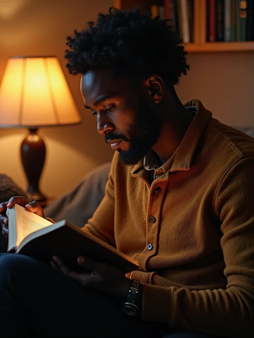 if(gender=m){masculine} if(gender=f){feminine} model reading a book in a cozy home environment
