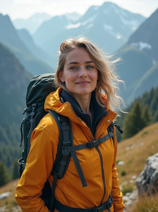 an adventurous if(gender=m){masculine} if(gender=f){feminine} model hiking in the mountains