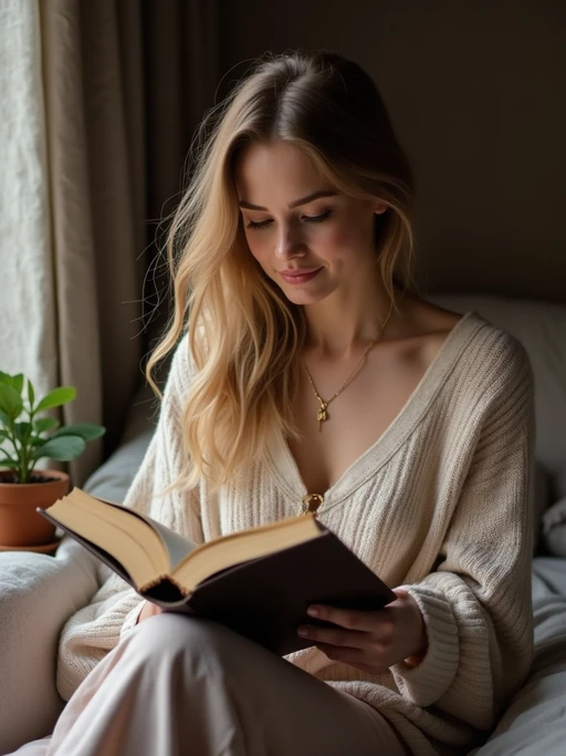 if(gender=m){masculine} if(gender=f){feminine} model reading a book in a cozy home environment