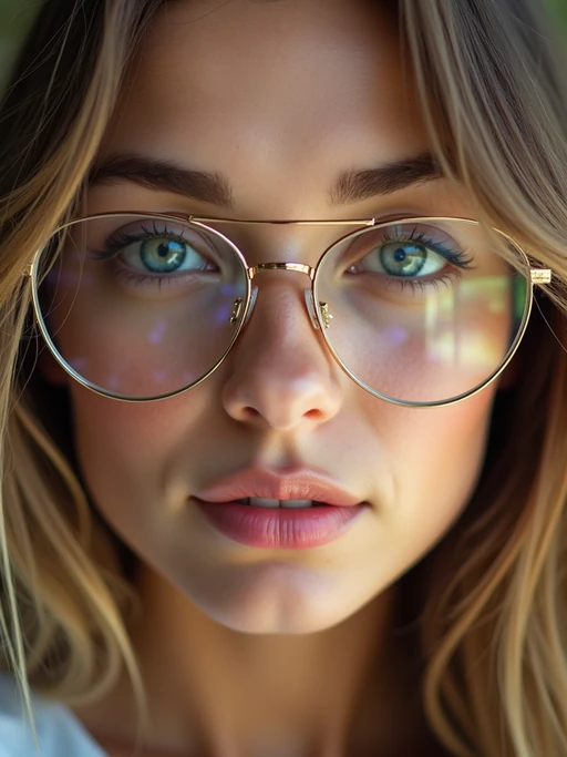 extreme close up portrait of model with gold rimmed glasses