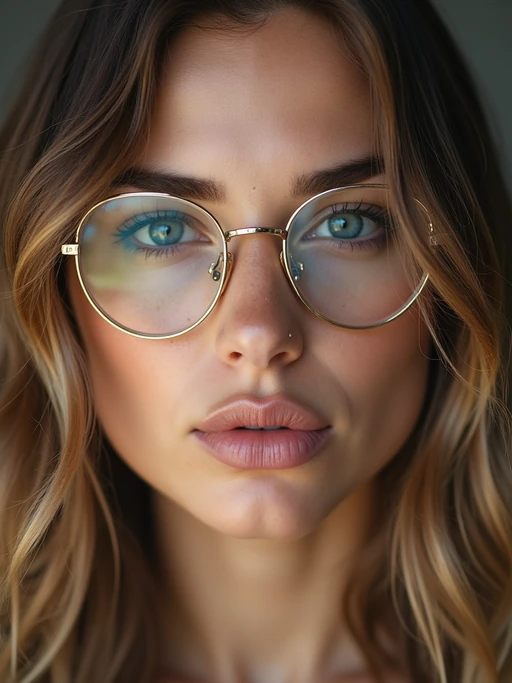 extreme close up portrait of model with gold rimmed glasses