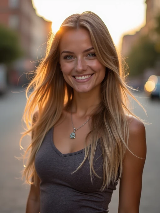 headshot of smiling model wearing casual clothes posing for dating app headshot. outdoor blurry background. the lighting is warm, possibly from a setting sun, creating a soft glow around him, enhancing the casual and relaxed vibe of the image. the setting seems to be outdoors, likely in an urban environment, with the blurred background hinting at a street or park-like area. this image likely portrays a youthful, active, and approachable individual, possibly in a lifestyle or fashion-related context.