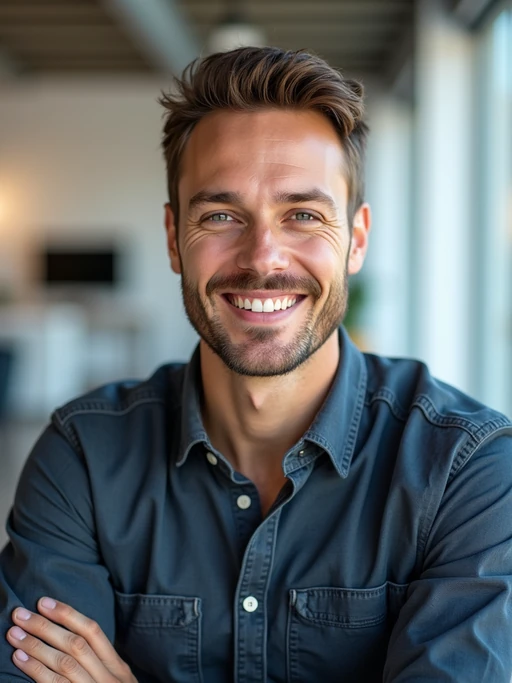 8k professional headshot of model, crisp details, bright modern office, casual tech wear, relaxed confident pose, approachable smile, high-definition, startup vibe, sharp focus, soft lighting, smart casual outfit, contemporary setting