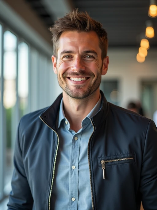 8k professional headshot of model, crisp details, bright modern office, casual tech wear, relaxed confident pose, approachable smile, high-definition, startup vibe, sharp focus, soft lighting, smart casual outfit, contemporary setting