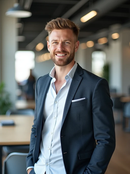8k professional headshot of model, crisp details, bright modern office, casual tech wear, relaxed confident pose, approachable smile, high-definition, startup vibe, sharp focus, soft lighting, smart casual outfit, contemporary setting