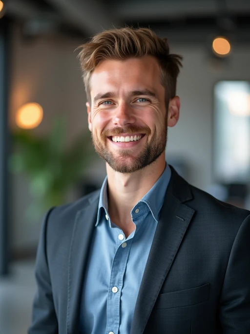 8k professional headshot of model, crisp details, studio backdrop, casual smart attire, confident posture, friendly expression, high-definition, modern startup environment, sharp focus, natural lighting, business casual, open workspace background