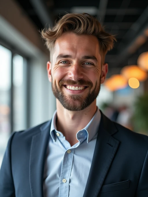 8k professional headshot of model, crisp details, studio backdrop, casual smart attire, confident posture, friendly expression, high-definition, modern startup environment, sharp focus, natural lighting, business casual, open workspace background