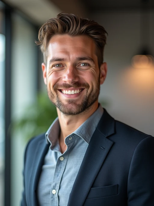 8k professional headshot of model, crisp details, studio backdrop, casual smart attire, confident posture, friendly expression, high-definition, modern startup environment, sharp focus, natural lighting, business casual, open workspace background