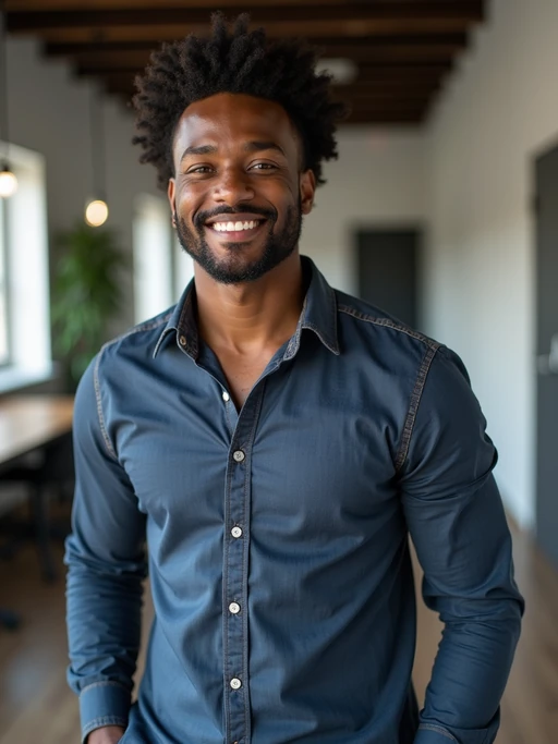 8k professional headshot of model, crisp details, studio backdrop, casual smart attire, confident posture, friendly expression, high-definition, modern startup environment, sharp focus, natural lighting, business casual, open workspace background