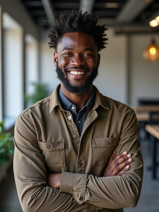 8k professional headshot of model, crisp details, studio backdrop, casual smart attire, confident posture, friendly expression, high-definition, modern startup environment, sharp focus, natural lighting, business casual, open workspace background
