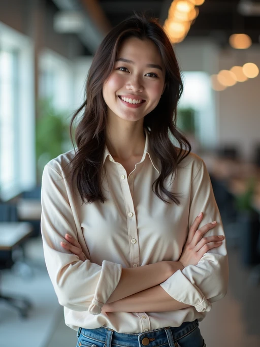 8k professional headshot of model, crisp details, bright modern office, casual tech wear, relaxed confident pose, approachable smile, high-definition, startup vibe, sharp focus, soft lighting, smart casual outfit, contemporary setting