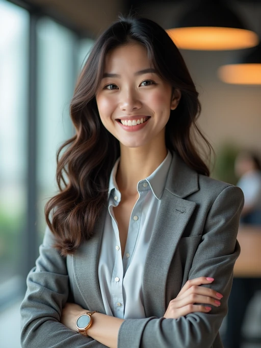 8k professional headshot of model, crisp details, bright modern office, casual tech wear, relaxed confident pose, approachable smile, high-definition, startup vibe, sharp focus, soft lighting, smart casual outfit, contemporary setting