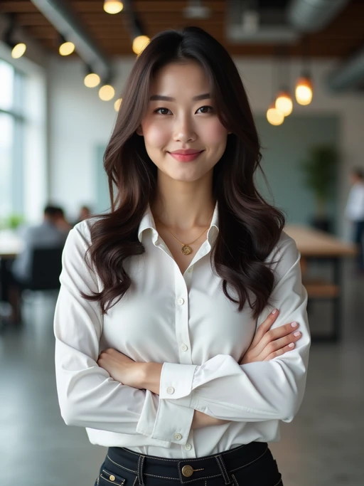 8k professional headshot of model, crisp details, studio backdrop, casual smart attire, confident posture, friendly expression, high-definition, modern startup environment, sharp focus, natural lighting, business casual, open workspace background
