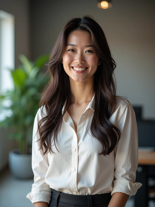 8k professional headshot of model, crisp details, studio backdrop, casual smart attire, confident posture, friendly expression, high-definition, modern startup environment, sharp focus, natural lighting, business casual, open workspace background
