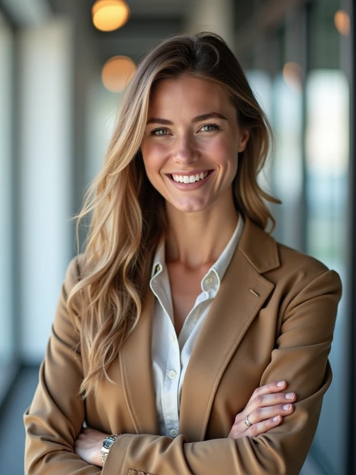 8k professional headshot of model, crisp details, bright modern office, casual tech wear, relaxed confident pose, approachable smile, high-definition, startup vibe, sharp focus, soft lighting, smart casual outfit, contemporary setting