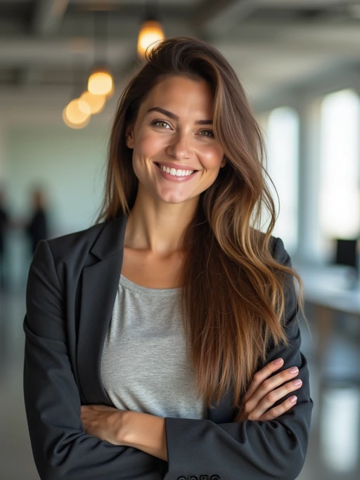 8k professional headshot of model, crisp details, bright modern office, casual tech wear, relaxed confident pose, approachable smile, high-definition, startup vibe, sharp focus, soft lighting, smart casual outfit, contemporary setting