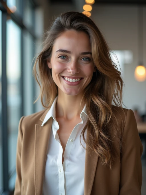 8k professional headshot of model, crisp details, studio backdrop, casual smart attire, confident posture, friendly expression, high-definition, modern startup environment, sharp focus, natural lighting, business casual, open workspace background