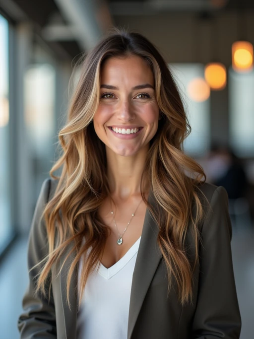 8k professional headshot of model, crisp details, studio backdrop, casual smart attire, confident posture, friendly expression, high-definition, modern startup environment, sharp focus, natural lighting, business casual, open workspace background