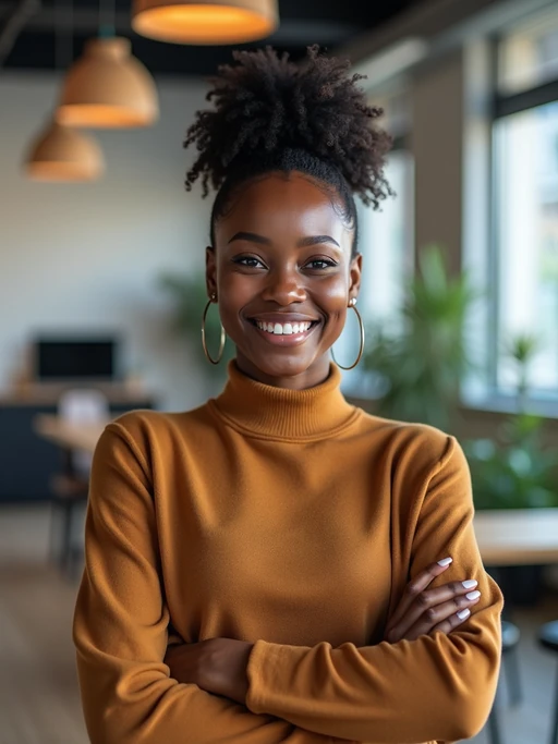 8k professional headshot of model, crisp details, bright modern office, casual tech wear, relaxed confident pose, approachable smile, high-definition, startup vibe, sharp focus, soft lighting, smart casual outfit, contemporary setting