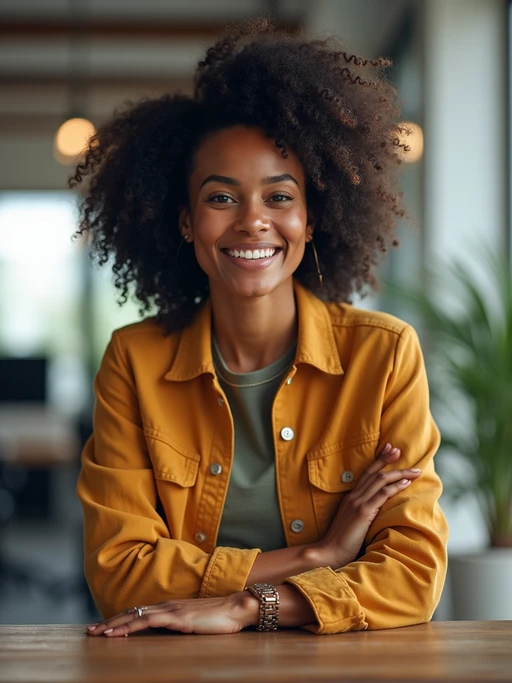 8k professional headshot of model, crisp details, bright modern office, casual tech wear, relaxed confident pose, approachable smile, high-definition, startup vibe, sharp focus, soft lighting, smart casual outfit, contemporary setting