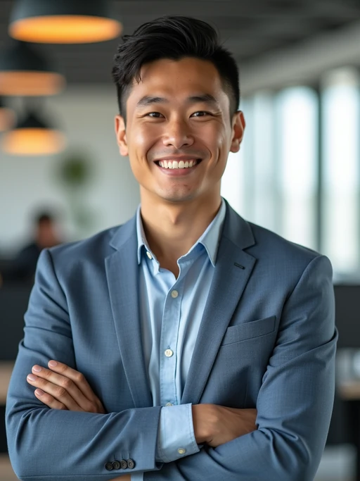 8k professional headshot of model, crisp details, bright modern office, casual tech wear, relaxed confident pose, approachable smile, high-definition, startup vibe, sharp focus, soft lighting, smart casual outfit, contemporary setting